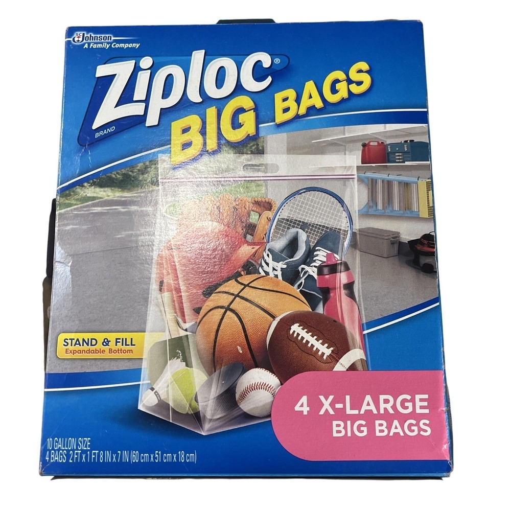 Ziploc‎ Big Bag 4 Count XL 10 Gallon 2'x20" Double Zipper Sturdy Handle Zip Lock